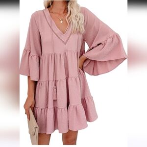 BloomChic Powder Pink Babydoll Tiered V-Neck Ruffle Peplum Below Knee Dress 16